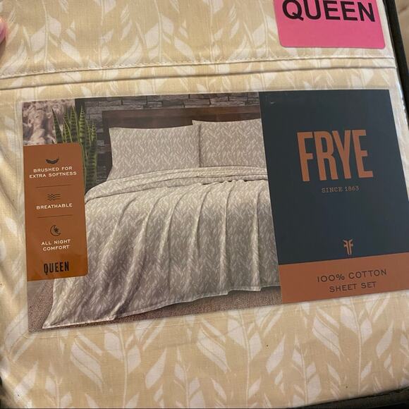 Frye Queen Sheet 4 Pc Set Flat Fitted Pillowcase Tan Feather 100% Cotton NEW - Picture 4 of 4